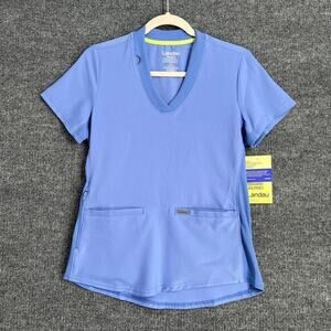 Landau Womens Scrub Top XS Blue V-Neck Short Sleeve Performance Stretch Pockets